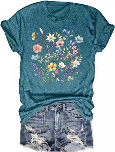 Women's Boho Wildflower Graphic Loose Tees Vintage Floral Short Sleeve T-Shirts Summer Cotton Tee Tops in Kuwait
