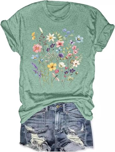 Women's Boho Wildflower Graphic Loose Tees Vintage Floral Short Sleeve T-Shirts Summer Cotton Tee Tops in Kuwait