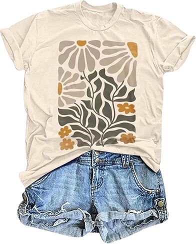 Women's Boho Wildflower Graphic Loose Tees Vintage Floral Short Sleeve T-Shirts Summer Cotton Tee Tops in Kuwait