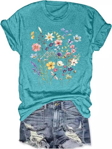 Women's Boho Wildflower Graphic Loose Tees Vintage Floral Short Sleeve T-Shirts Summer Cotton Tee Tops in Kuwait