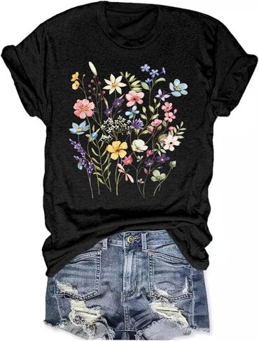 Women's Boho Wildflower Graphic Loose Tees Vintage Floral Short Sleeve T-Shirts Summer Cotton Tee Tops in Kuwait