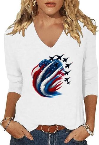 3/4 Sleeve 4th of July V Neck T-Shirts for Women Patriotic Flag USA Graphic Blouse Anniversary Memorial Tops Party Tee in Saudi Arabia