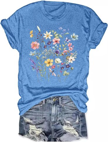 Women's Boho Wildflower Graphic Loose Tees Vintage Floral Short Sleeve T-Shirts Summer Cotton Tee Tops in Kuwait