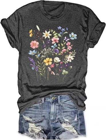 Women's Boho Wildflower Graphic Loose Tees Vintage Floral Short Sleeve T-Shirts Summer Cotton Tee Tops in Kuwait