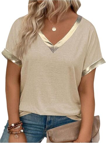SOLY HUX Women's Plus Size Metallic T Shirt V Neck Short Sleeve Tee Casual Summer Tops in Kuwait