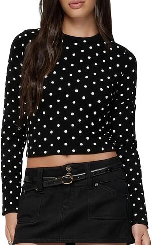 Polka Dot Tops for Women Long Sleeve Crew Neck Slim Fit Shirt Tops Casual Going Out Tee Top Streetwear in Saudi Arabia