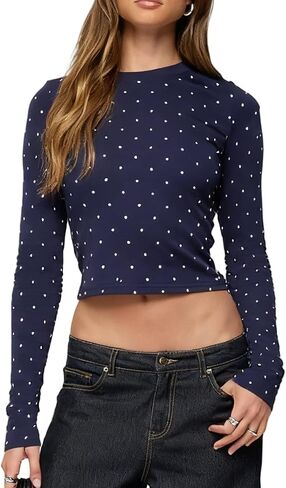 قمصان منقطة للنساء بأكمام طويلة ورقبة دائرية وقميص بقصة ضيقة، قمصان كاجوال للخروج، تي شيرت علوي ملابس الشارع in Kuwait