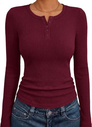 ANRABESS Women's Long Sleeve Ribbed Henley Shirts | Slim Fitted Tops, Soft Comfy, Business Casual 0ffice Work Outfits, Going Out Daily Wear, Fall Spring Transition Clothing in Kuwait