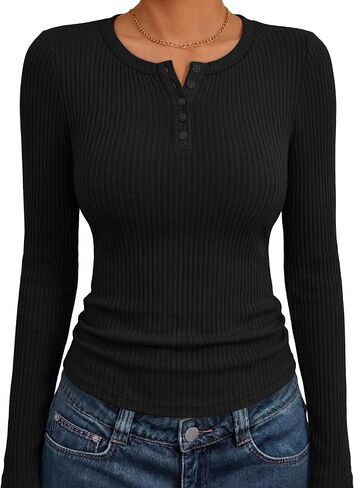 ANRABESS Women's Long Sleeve Ribbed Henley Shirts | Slim Fitted Tops, Soft Comfy, Business Casual 0ffice Work Outfits, Going Out Daily Wear, Fall Spring Transition Clothing in Kuwait