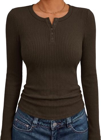 ANRABESS Women's Long Sleeve Ribbed Henley Shirts | Slim Fitted Tops, Soft Comfy, Business Casual 0ffice Work Outfits, Going Out Daily Wear, Fall Spring Transition Clothing in Kuwait