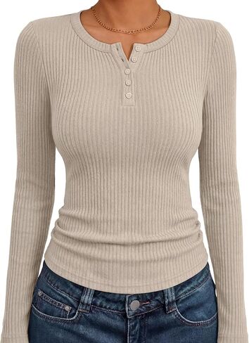 ANRABESS Women's Long Sleeve Ribbed Henley Shirts | Slim Fitted Tops, Soft Comfy, Business Casual 0ffice Work Outfits, Going Out Daily Wear, Fall Spring Transition Clothing in Kuwait