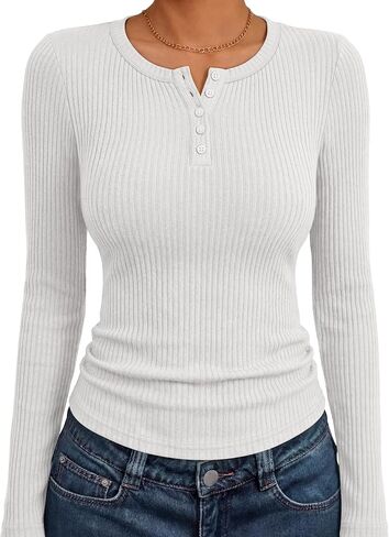 ANRABESS Women's Long Sleeve Ribbed Henley Shirts | Slim Fitted Tops, Soft Comfy, Business Casual 0ffice Work Outfits, Going Out Daily Wear, Fall Spring Transition Clothing in Kuwait