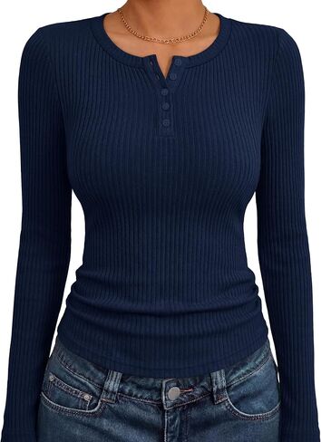 ANRABESS Women's Long Sleeve Ribbed Henley Shirts | Slim Fitted Tops, Soft Comfy, Business Casual 0ffice Work Outfits, Going Out Daily Wear, Fall Spring Transition Clothing in Kuwait