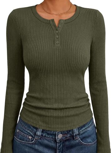 ANRABESS Women's Long Sleeve Ribbed Henley Shirts | Slim Fitted Tops, Soft Comfy, Business Casual 0ffice Work Outfits, Going Out Daily Wear, Fall Spring Transition Clothing in Kuwait