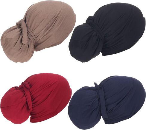 4 Pieces Solid Color Fashion Womens Muslim Stretch Turban Bonnet Hair Loss Headwear Beanie Hat Bandage Wrap Head in Kuwait