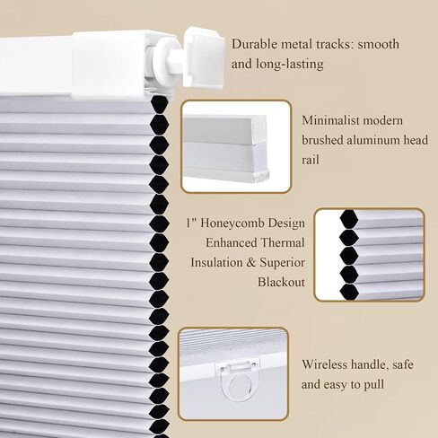 SERLMWNT No Drill Cordless Cellular Shades, Blackout Honeycomb Blinds, Thermal Insulated & Noise Reducing Window Coverings for Bedroom, Kitchen, Living Room.Blackout-White,46" W×48" H in Kuwait