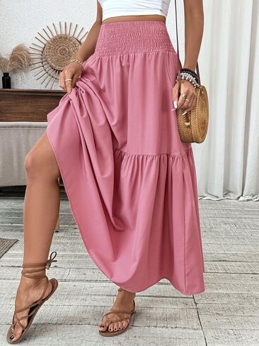 Women's Smocked High Waist Maxi Skirt Casual Boho A-line Long Skirts with Pockets in Kuwait