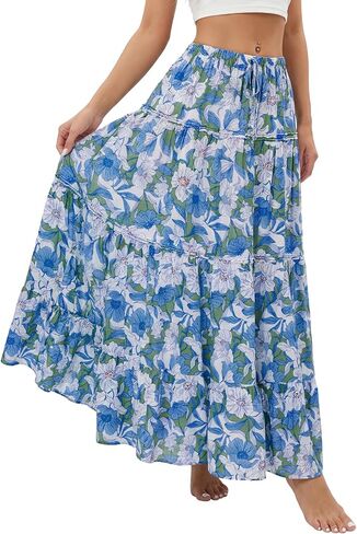 LYANER Women's Floral Print Elastic High Waisted Flowy A Line Tiered Boho Long Skirts in Kuwait