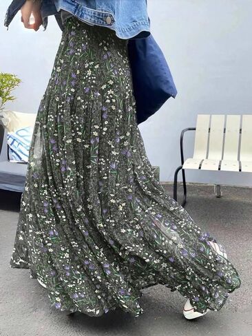 Vintage Olive Floral Print Maxi Skirt, High Waist Flowy Skirt Perfect with Denim and Tops in Kuwait