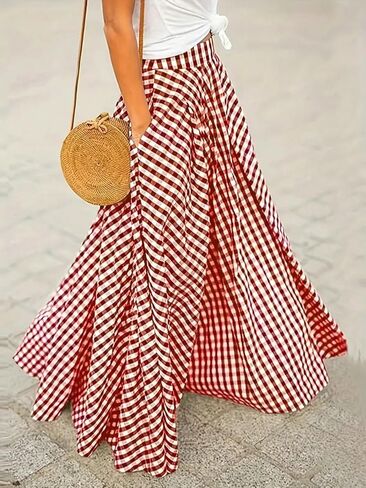 Plus Size Women's Gingham Plaid Maxi Skirt High Waist Flowy A-Line Long Skirt with Pockets for Summer Casual Beach Vacation in Kuwait