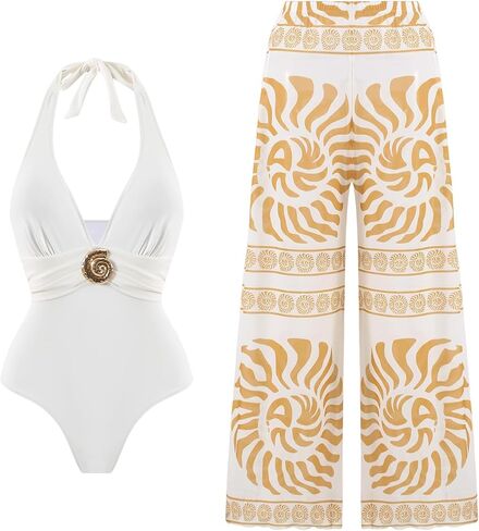 SherryDC Women's Halter Deep V Neck One Piece Swimsuit with Pants Cover Up Bathing Suit Beachwear in Saudi Arabia
