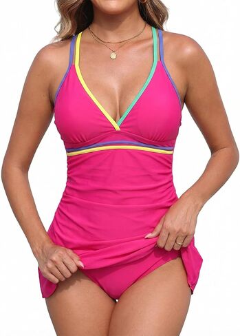 Women's Swim Dress One Piece Swimsuit Neon Color Block V Neck Tummy Control Modest Crisscross Back Skirt Bathing Suit in Saudi Arabia