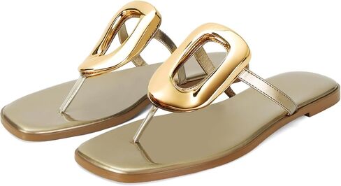 Wnshonzy Flip-Flops for Women Thong Sandals Flat Gold Slip on Slides Leather Beach Comfort Open Square Toe Ladies Slipper Dressy Metal Hardware Decoration Summer Shoes Casual Fashion in Saudi Arabia