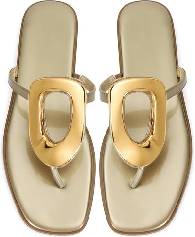 Wnshonzy Flip-Flops for Women Thong Sandals Flat Gold Slip on Slides Leather Beach Comfort Open Square Toe Ladies Slipper Dressy Metal Hardware Decoration Summer Shoes Casual Fashion in Saudi Arabia