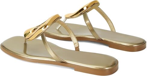 Wnshonzy Flip-Flops for Women Thong Sandals Flat Gold Slip on Slides Leather Beach Comfort Open Square Toe Ladies Slipper Dressy Metal Hardware Decoration Summer Shoes Casual Fashion in Saudi Arabia