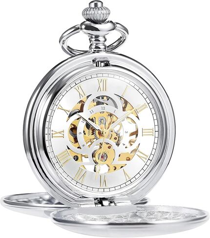 Modern Mechanical Pocket Watch for Men - Smooth Polished Silver Mirror Finish, Double Open Case, Skeleton Hand-Winding Luxury Movement Accessory with 25cm Chain, Gift Box for Holiday & Anniversary in Kuwait