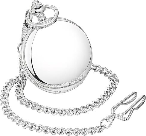 Modern Mechanical Pocket Watch for Men - Smooth Polished Silver Mirror Finish, Double Open Case, Skeleton Hand-Winding Luxury Movement Accessory with 25cm Chain, Gift Box for Holiday & Anniversary in Kuwait
