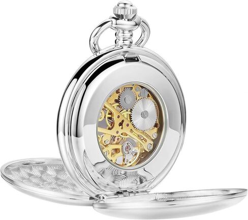 Modern Mechanical Pocket Watch for Men - Smooth Polished Silver Mirror Finish, Double Open Case, Skeleton Hand-Winding Luxury Movement Accessory with 25cm Chain, Gift Box for Holiday & Anniversary in Kuwait