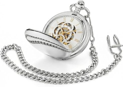 Modern Mechanical Pocket Watch for Men - Smooth Polished Silver Mirror Finish, Double Open Case, Skeleton Hand-Winding Luxury Movement Accessory with 25cm Chain, Gift Box for Holiday & Anniversary in Kuwait