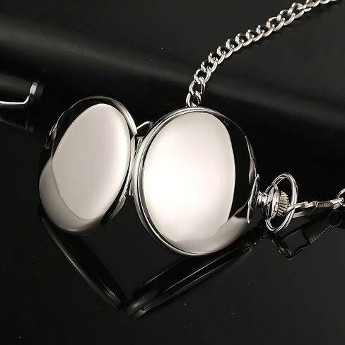 Modern Mechanical Pocket Watch for Men - Smooth Polished Silver Mirror Finish, Double Open Case, Skeleton Hand-Winding Luxury Movement Accessory with 25cm Chain, Gift Box for Holiday & Anniversary in Kuwait