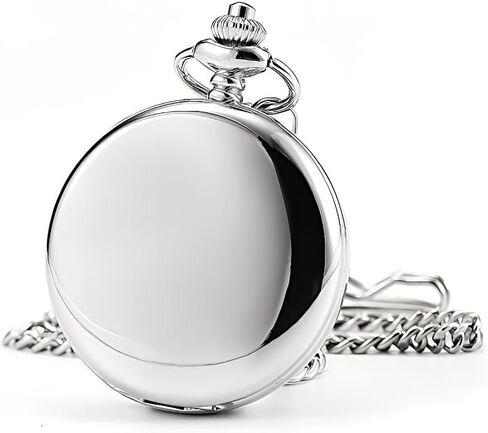 Modern Mechanical Pocket Watch for Men - Smooth Polished Silver Mirror Finish, Double Open Case, Skeleton Hand-Winding Luxury Movement Accessory with 25cm Chain, Gift Box for Holiday & Anniversary in Kuwait