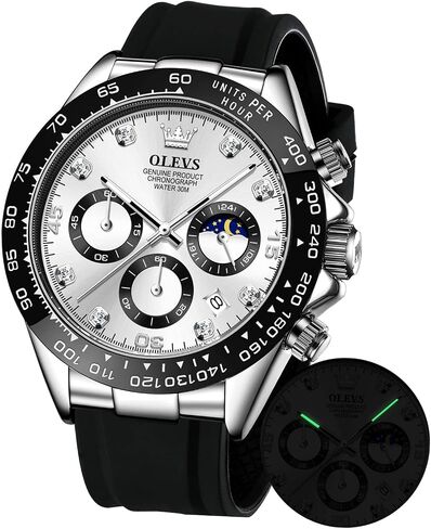OLEVS Men's Watches Chronograph Multifunction Sport Silicone Luxury Diamond Moon Phase Quartz Male Watch Waterproof Wrist Watch in Kuwait