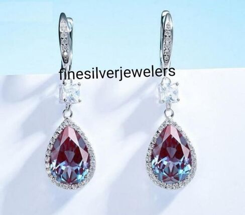 Pear Alexandrite Earrings 925 Sterling Silver Color Changing Gemstone Dainty Hoop Earrings for Women Bridal Jewelry in Saudi Arabia