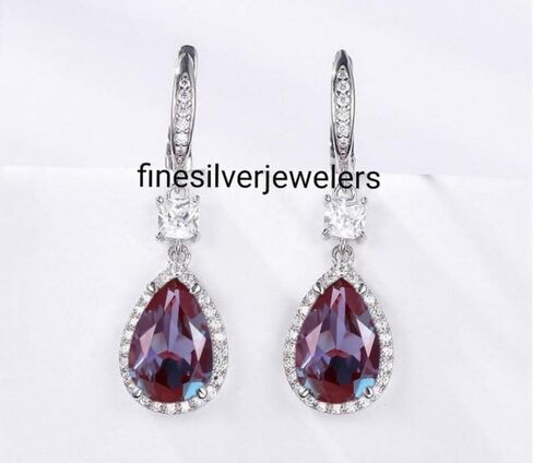 Pear Alexandrite Earrings 925 Sterling Silver Color Changing Gemstone Dainty Hoop Earrings for Women Bridal Jewelry in Saudi Arabia