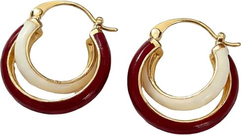 Red & White Retro Double Hoop Earrings for Women - Burgundy Wine Red Earrings, Maroon Jewelry for Party, Daily Commute & Vacation in Saudi Arabia