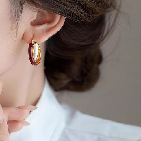 Red & White Retro Double Hoop Earrings for Women - Burgundy Wine Red Earrings, Maroon Jewelry for Party, Daily Commute & Vacation in Saudi Arabia