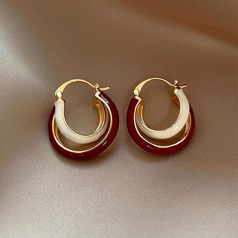 Red & White Retro Double Hoop Earrings for Women - Burgundy Wine Red Earrings, Maroon Jewelry for Party, Daily Commute & Vacation in Saudi Arabia