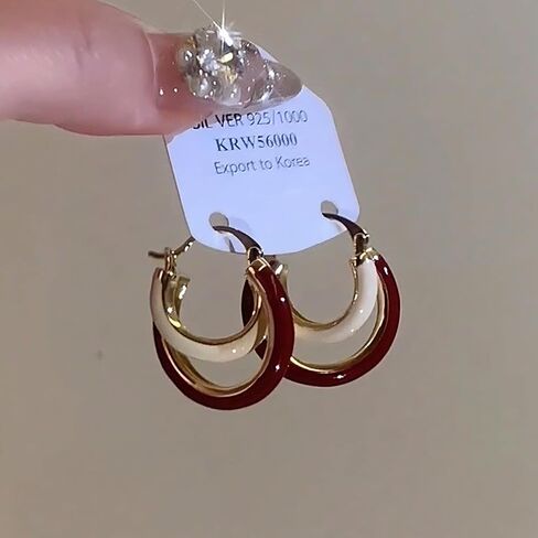 Red & White Retro Double Hoop Earrings for Women - Burgundy Wine Red Earrings, Maroon Jewelry for Party, Daily Commute & Vacation in Saudi Arabia