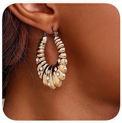 Gold Chunky Hoop Earrings for Women, 14K Gold Plated Twisted Hoop Earrings Inlaid Sparkly Cubic Zirconia, Lightweight Hypoallergenic Statement Loop Earrings Fashion Jewelry Gift in Saudi Arabia