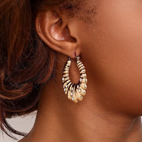 Gold Chunky Hoop Earrings for Women, 14K Gold Plated Twisted Hoop Earrings Inlaid Sparkly Cubic Zirconia, Lightweight Hypoallergenic Statement Loop Earrings Fashion Jewelry Gift in Saudi Arabia