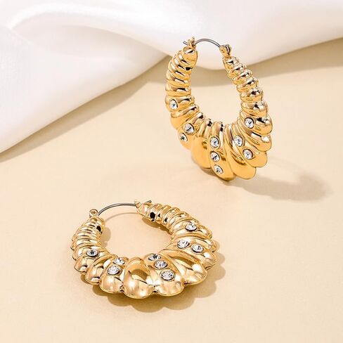 Gold Chunky Hoop Earrings for Women, 14K Gold Plated Twisted Hoop Earrings Inlaid Sparkly Cubic Zirconia, Lightweight Hypoallergenic Statement Loop Earrings Fashion Jewelry Gift in Saudi Arabia