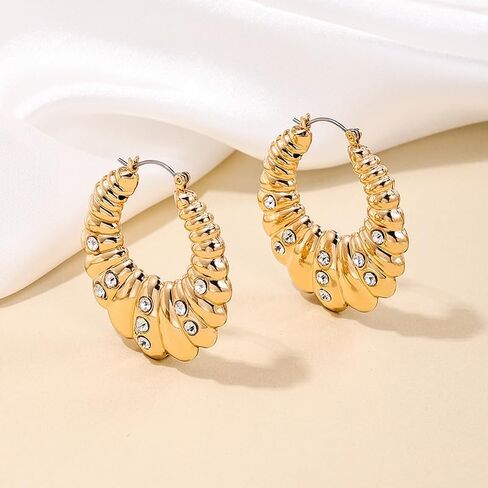 Gold Chunky Hoop Earrings for Women, 14K Gold Plated Twisted Hoop Earrings Inlaid Sparkly Cubic Zirconia, Lightweight Hypoallergenic Statement Loop Earrings Fashion Jewelry Gift in Saudi Arabia