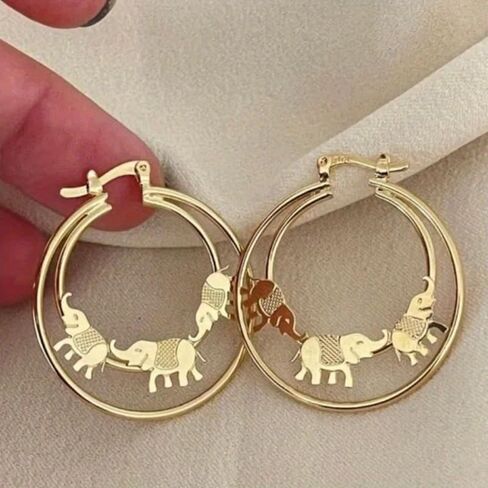 Vintage Hand Carved Elephant Copper Hoop, Chic Animal Stylish Elegant Ear Decor for Ladies (Golden) in Kuwait