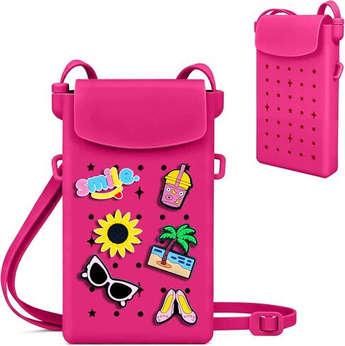 Silicone Crossbody Bag for Women and girls, Small Phone Purse with Adjustable Shoulder Strap, Magnetic Closure, with 15 Cute Charms, Stylish Phone Bag for Women's Daily Use, Christmas Stuffers in Saudi Arabia