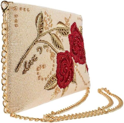 MARY FRANCES Roses are Red Beaded Crossbody Clutch Handbag, Ivory in Kuwait