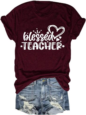 FORHVIPS Blessed Teacher Shirt Women Heart Letter Graphic Tee Short Sleeve T-Shirt in Saudi Arabia